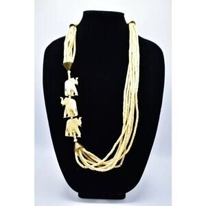 Statement Elephant Necklace Vintage Beaded Cream Costume Carved Shell